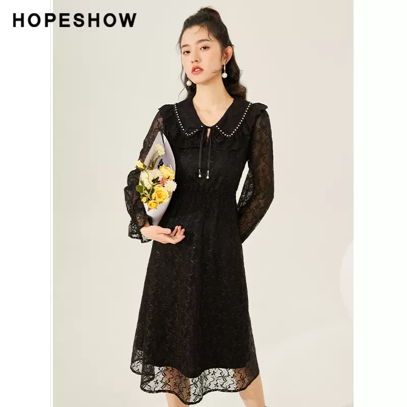 hopeshow 红袖 法式复古长袖气质蕾丝裙 2色